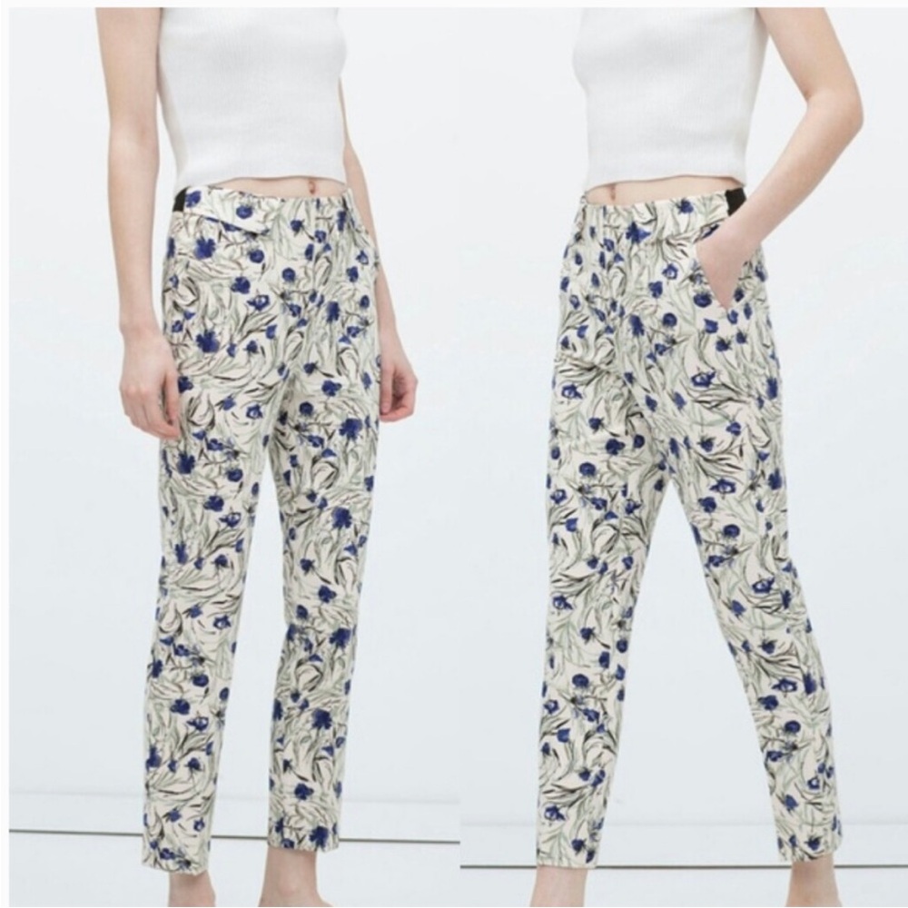 Zara Womens Floral High Waisted Side Zip Pants Sz Small
